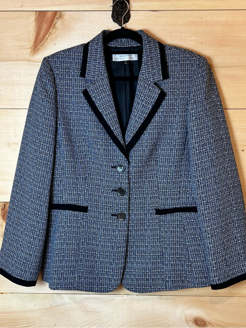 Tahari Blue Tweed Blazer w/Black Trim - Structured Dark Academia Corporate Chic